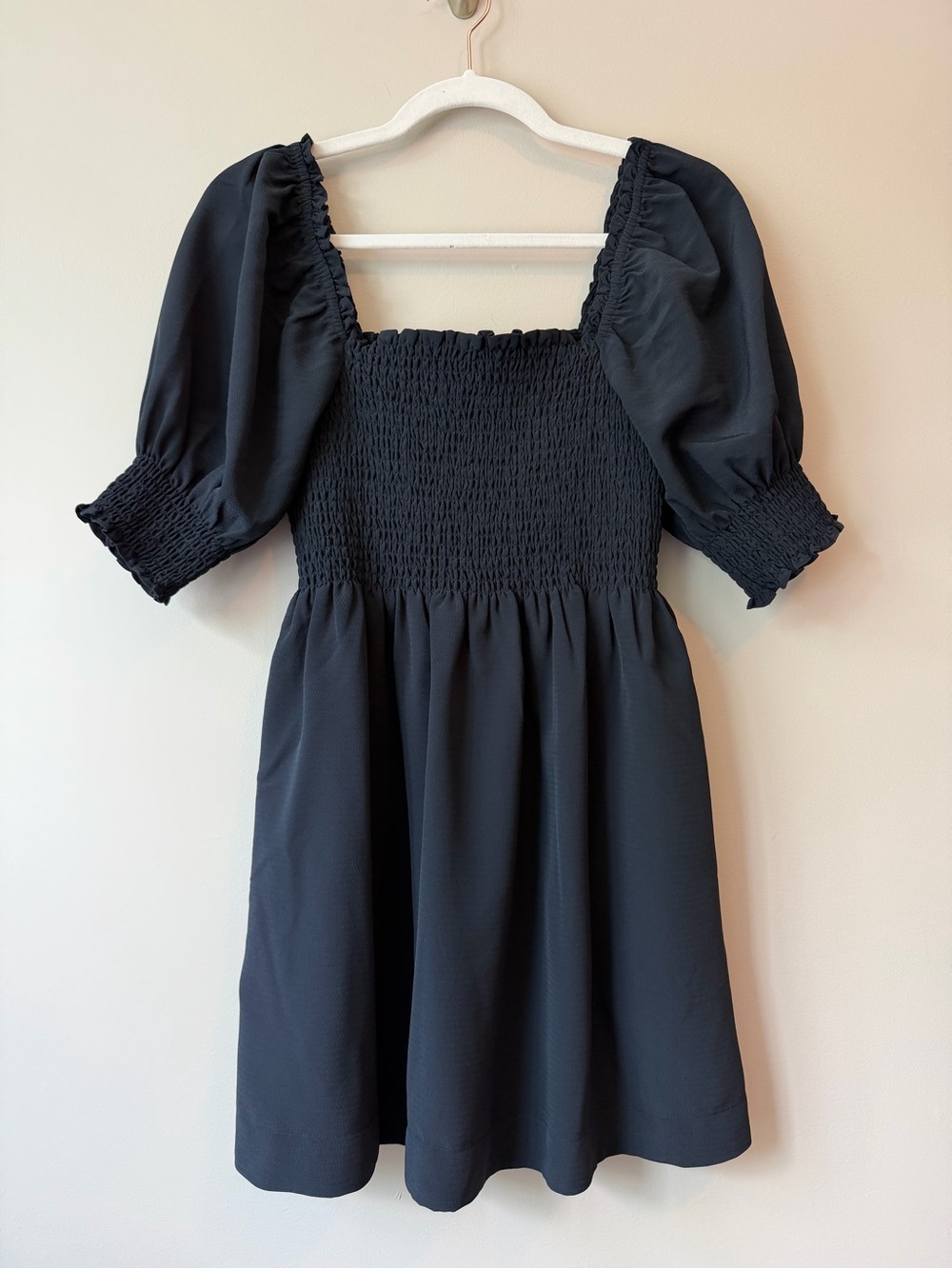 Hill House The Athena Nap Dress Black Smocked Puff Sleeve Mini | XS